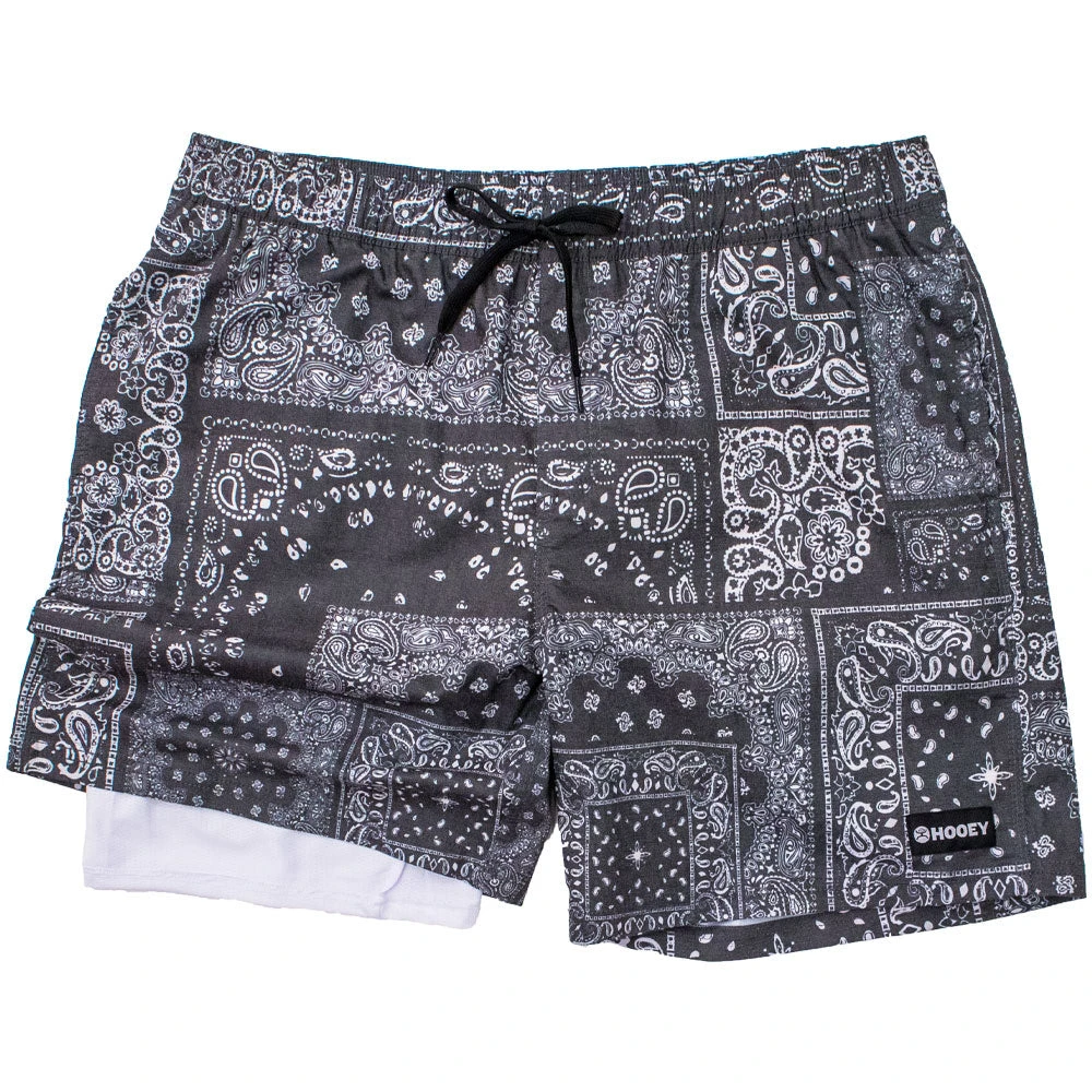 HOOey "Bigwake" Black/White Bandana Pattern Board Shorts W/ Liner 3 HOOey "Bigwake" Black/White Bandana Pattern Board Shorts W/ Liner