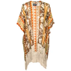 HOOey Ladies Long Kimono Tan/Cream/Orange With Cream Fringe
