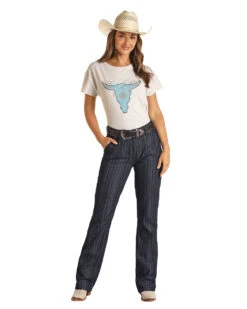 HOOey Dark Wash Jaquard Stripe High Rise Bootcut Jeans -HOOey Shop HYWD4HR167FRONT